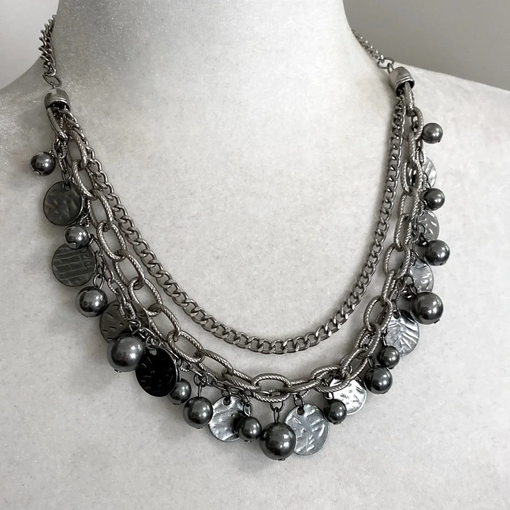 Silver Rocker Rebel Edgy Layered Bead Discs Coins Textured Chain Necklace